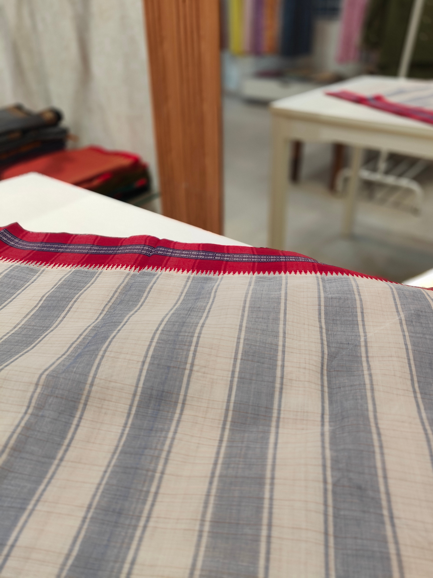 Avira | Handwoven Cotton Saree | Ivory & Crimson