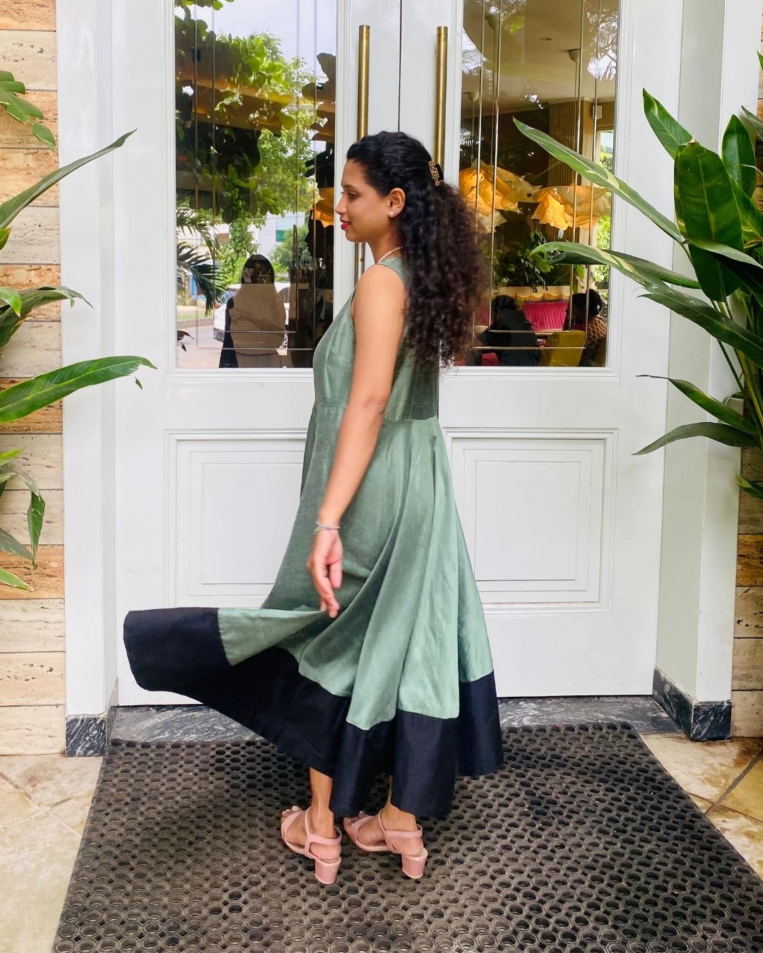 Sage Green Fit & Flare Dress with Black Hem