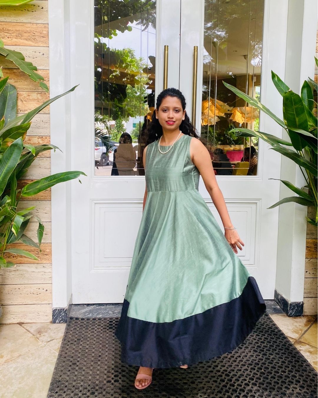 Sage Green Fit & Flare Dress with Black Hem