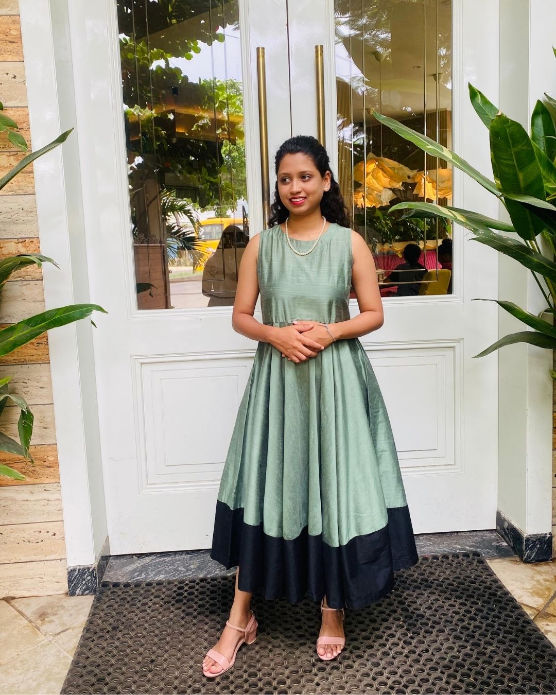 Sage Green Fit & Flare Dress with Black Hem