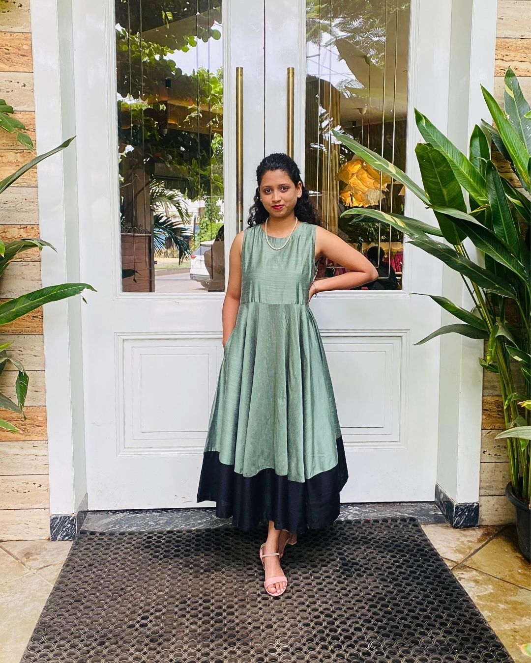 Sage Green Fit & Flare Dress with Black Hem