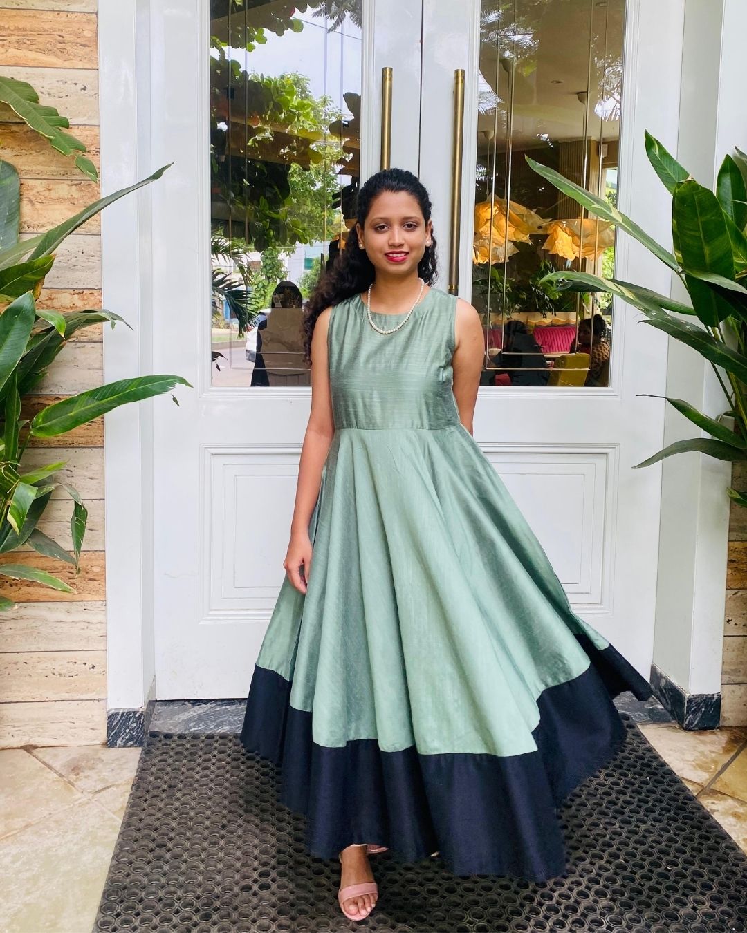 Sage Green Fit & Flare Dress with Black Hem