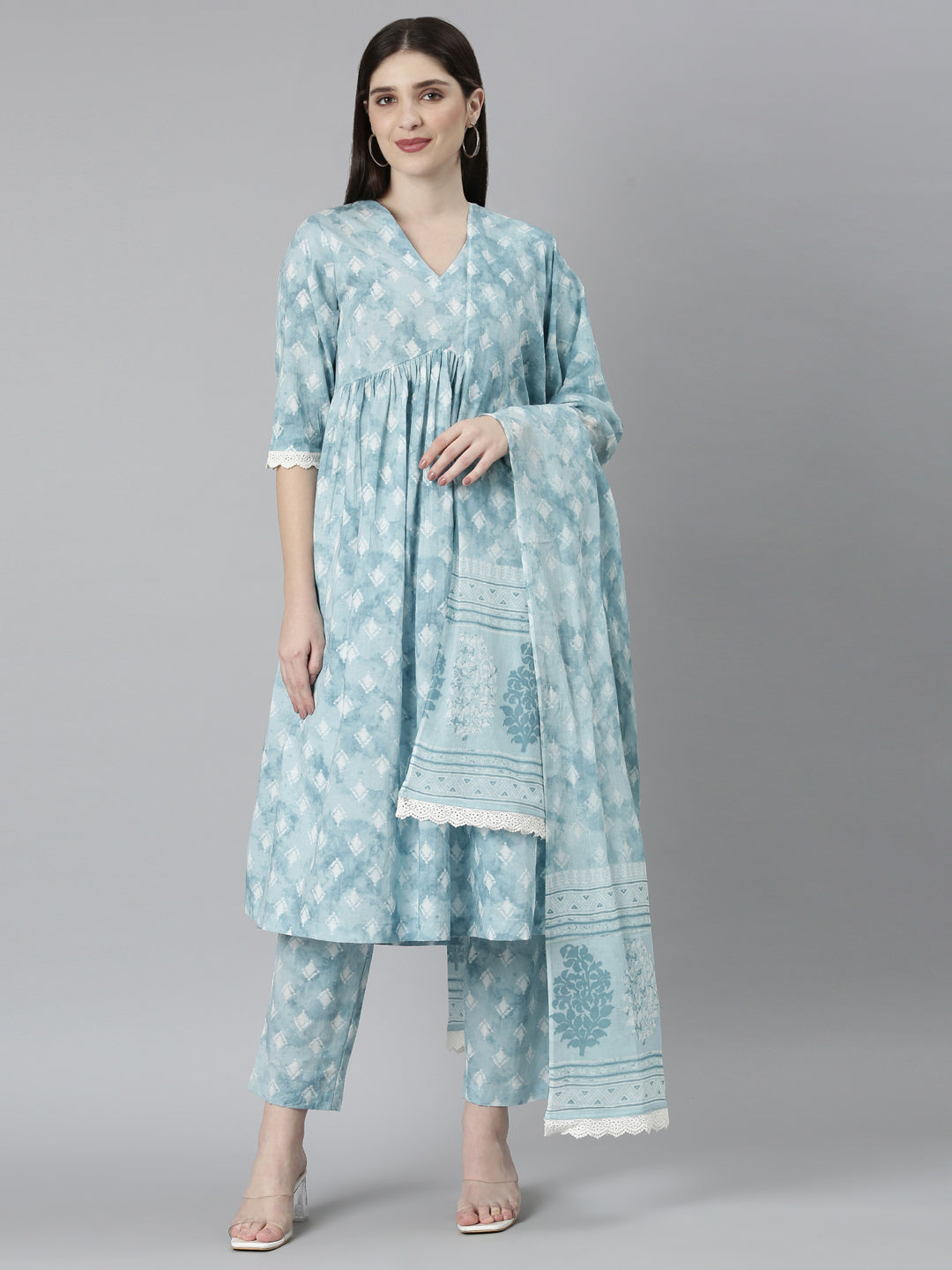 Powder Blue printed Flared Kurta Pant Set with Dupatta