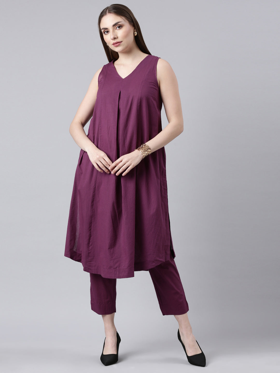 Textured Cotton Flared Kurta Pant Set