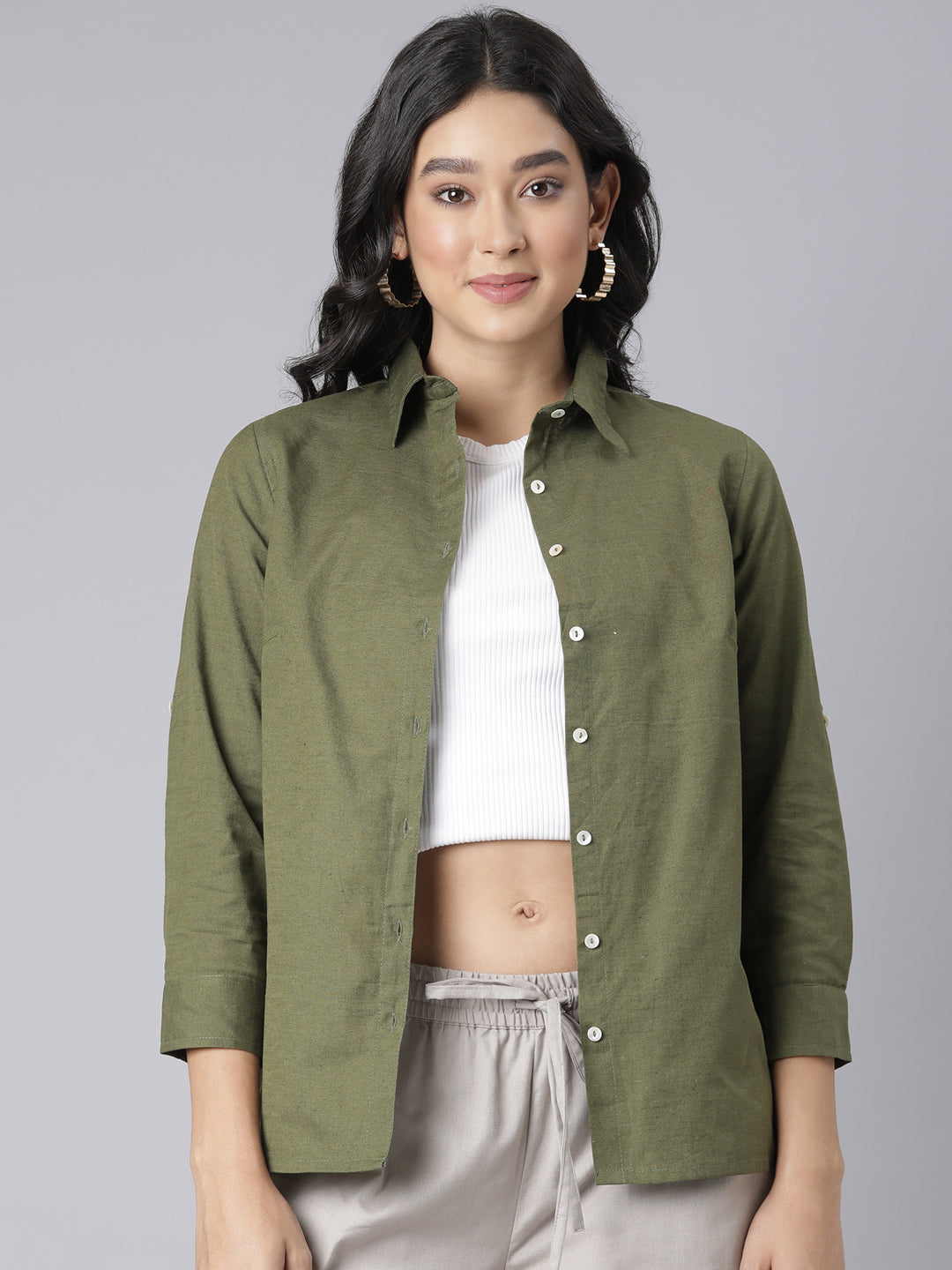 EDIRA Olive Colour Cotton Shirt