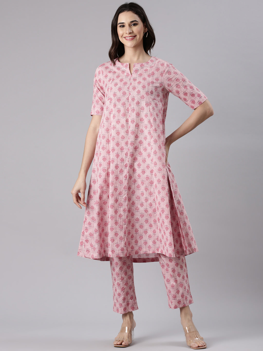 Soft Pink Cotton Lurex Printed Kurta set