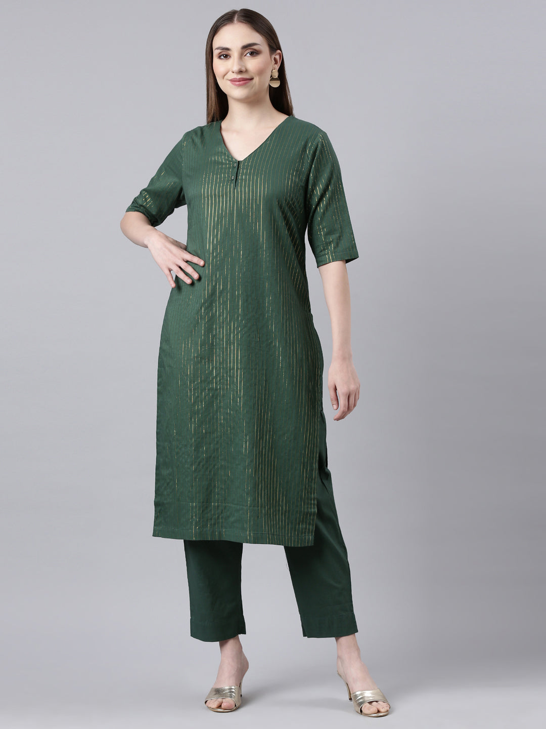EDIRA Women Green & Gold Kurta and Pant Set