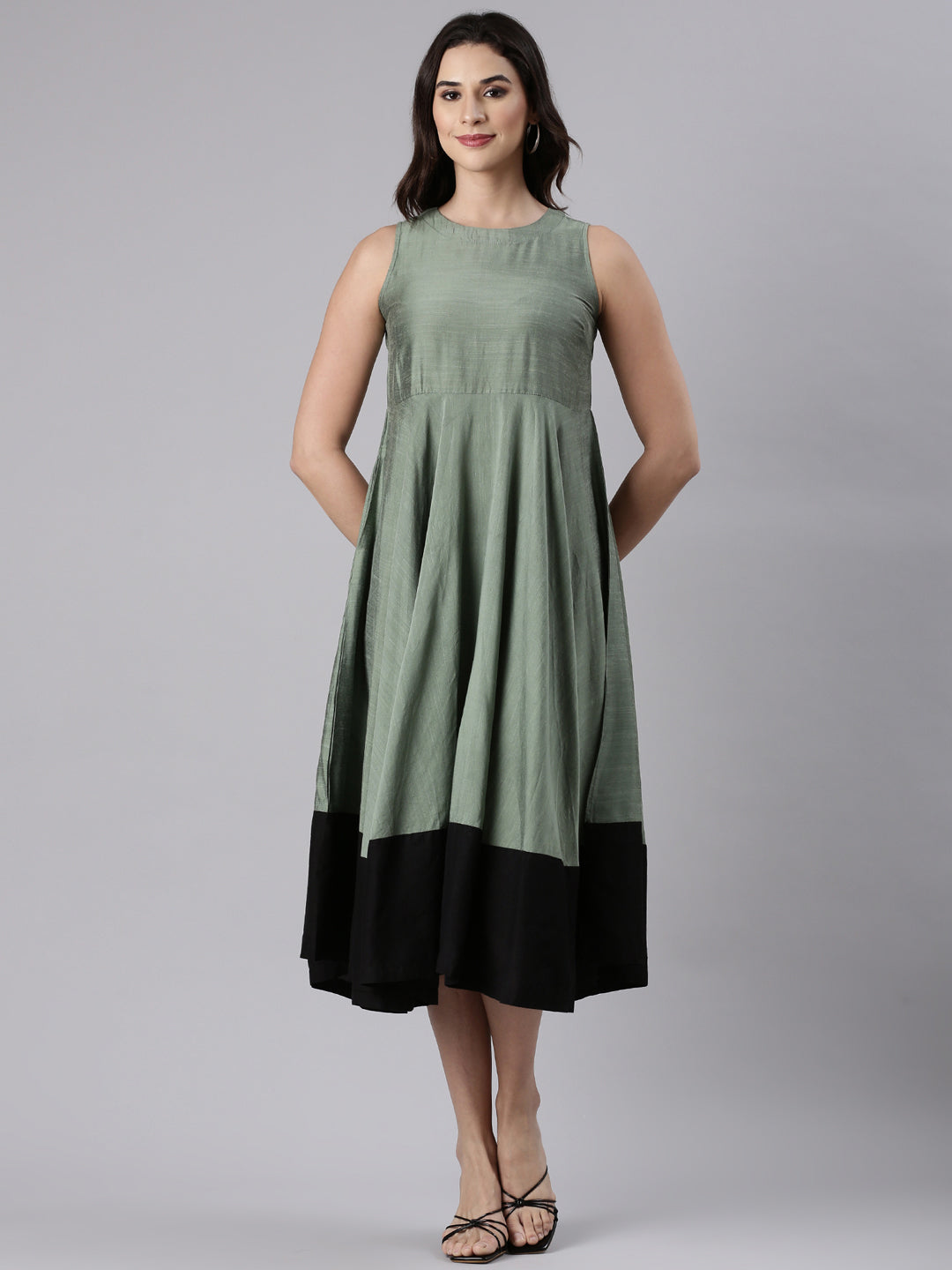 Sage Green Fit & Flare Dress with Black Hem