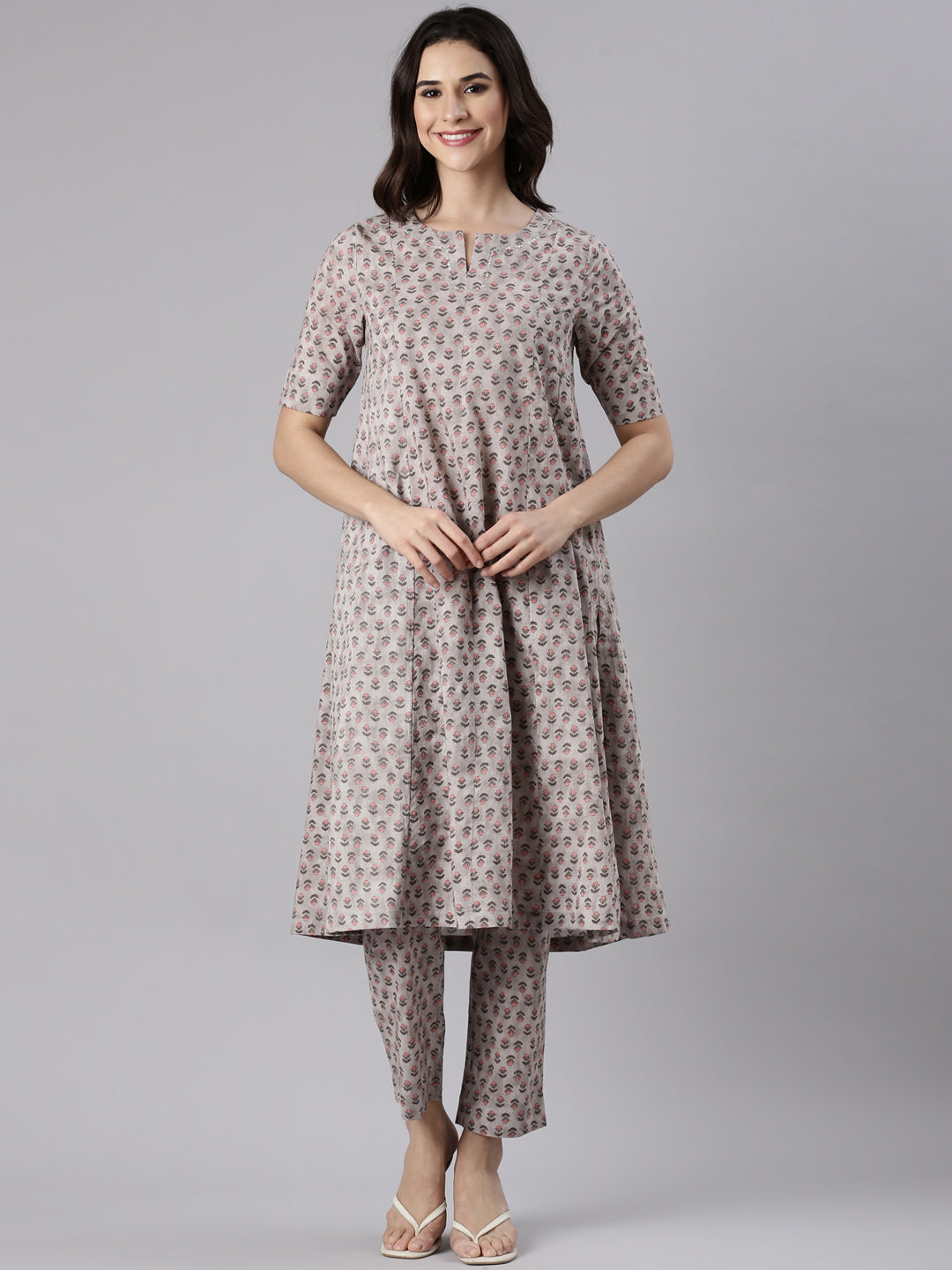 Oatmeal Cotton Printed Kurta set