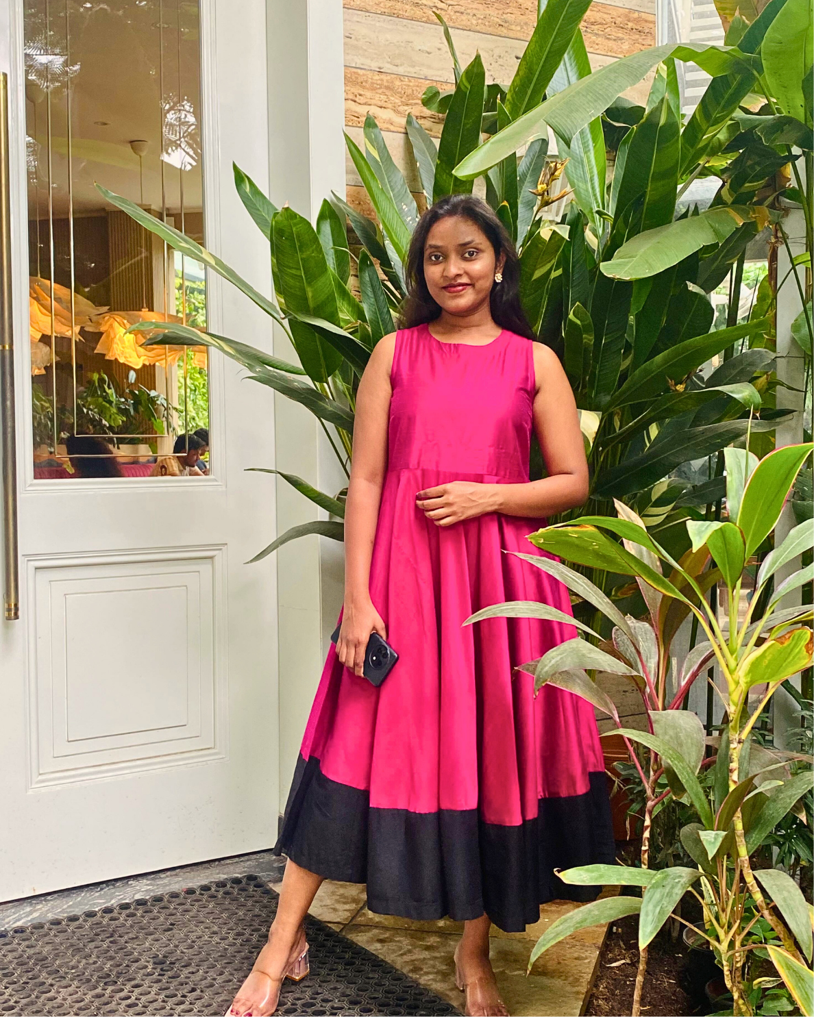 Fuchsia Fit & Flare Dress with Black Hem Medium Fuchsia Fit & Flare Dress with Black Hem Medium