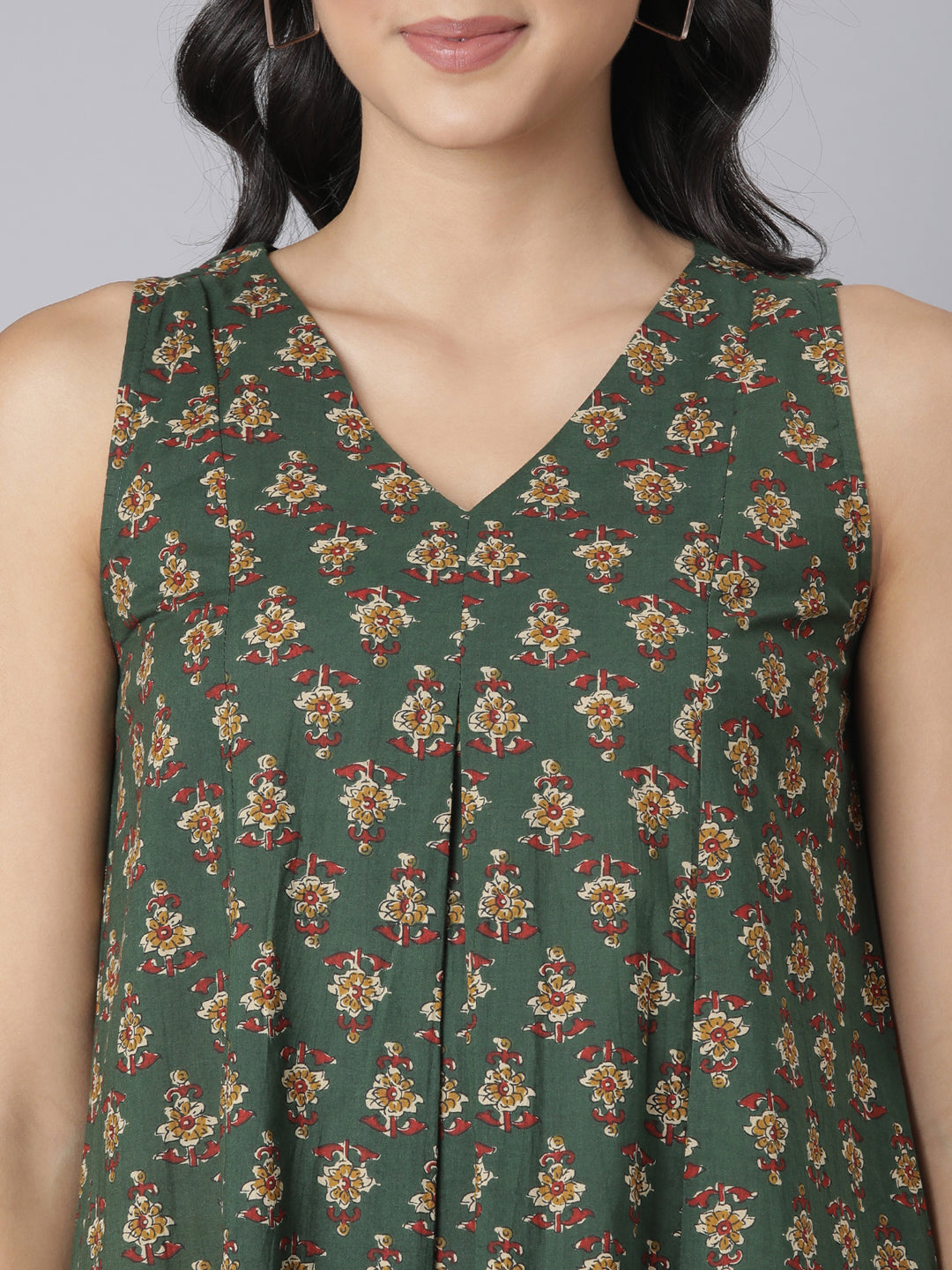 Green Printed Cotton Flared Kurta & Pant Set