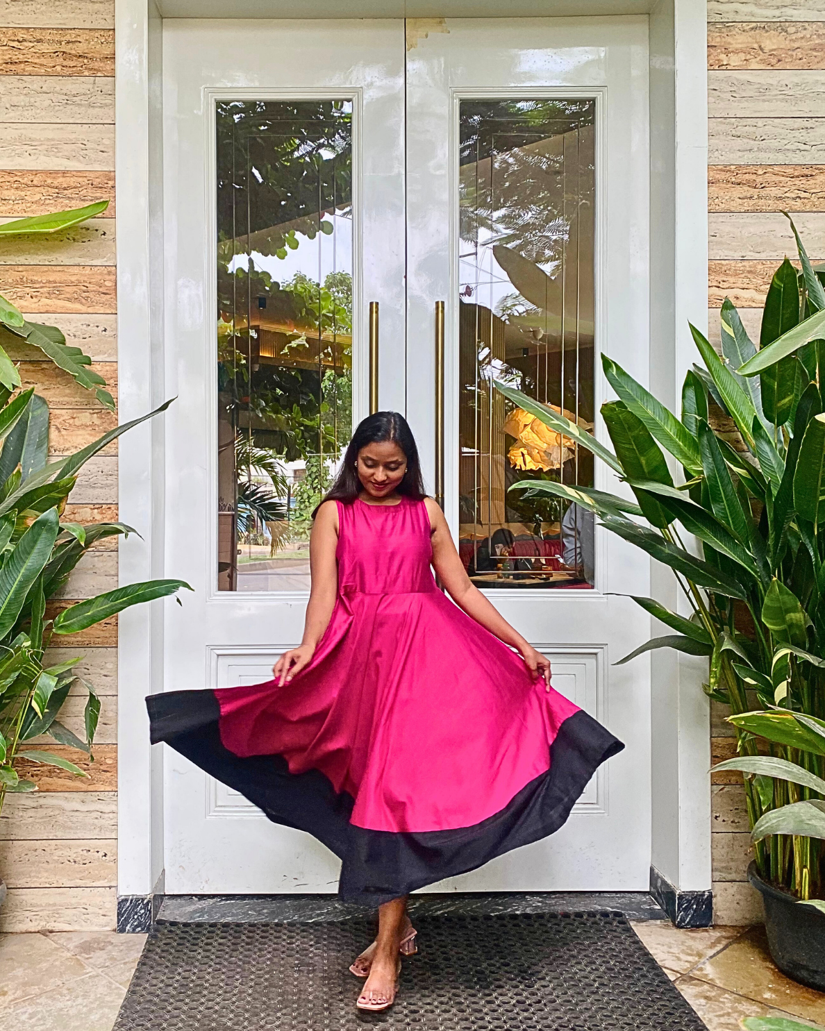 Fuchsia Fit & Flare Dress with Black Hem