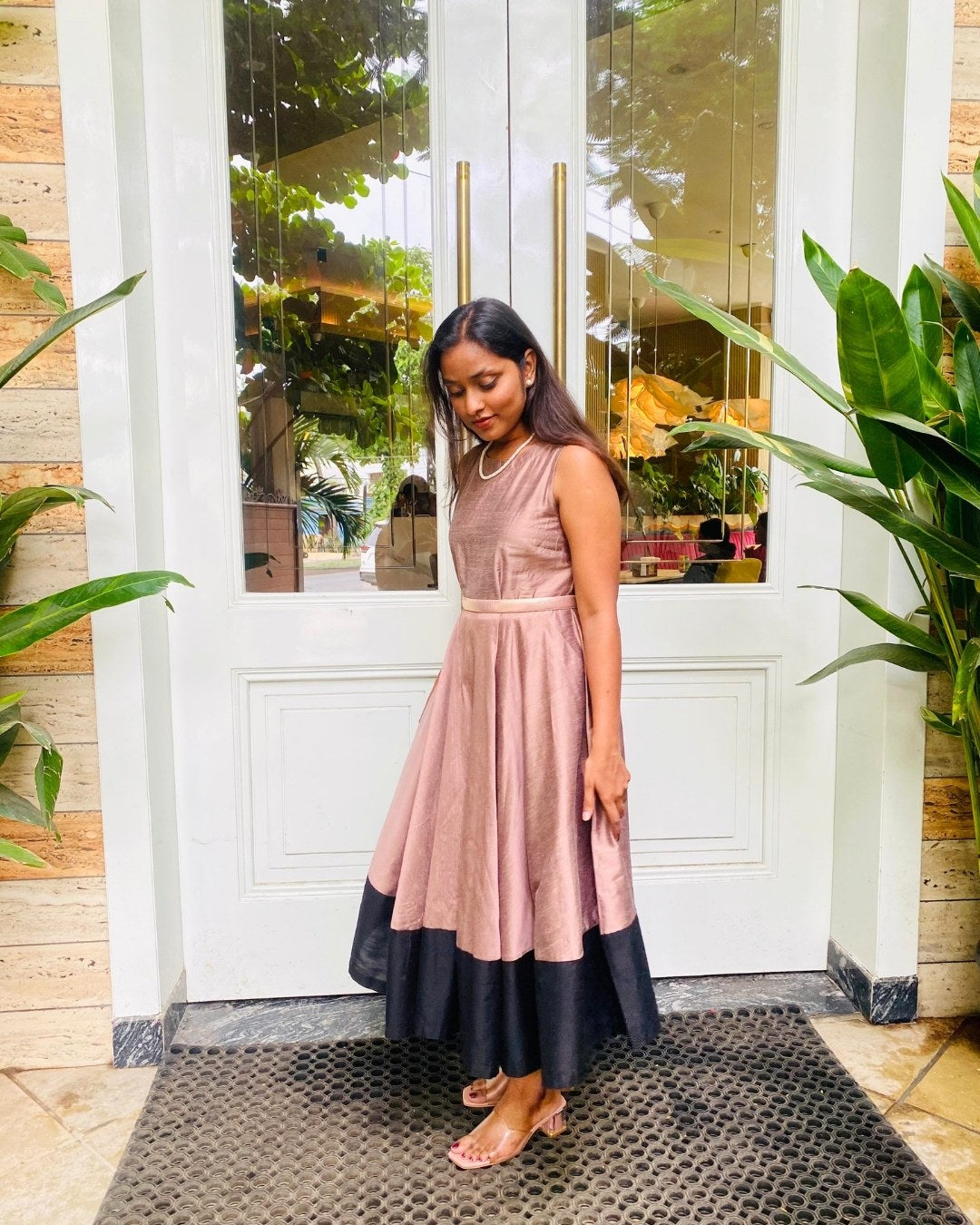 Mocha Fit & Flare Dress with Black Hem