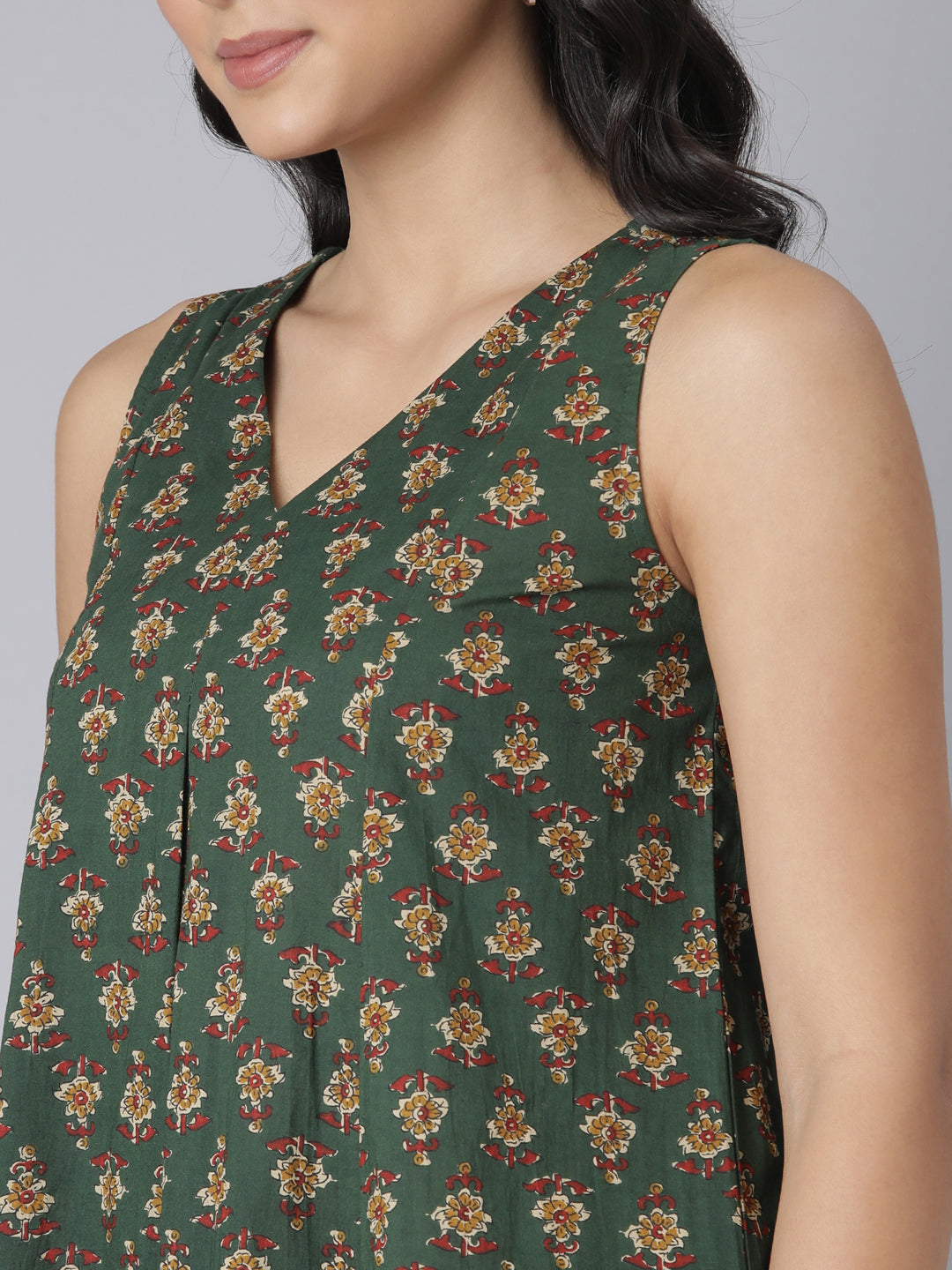 Green Printed Cotton Flared Kurta & Pant Set