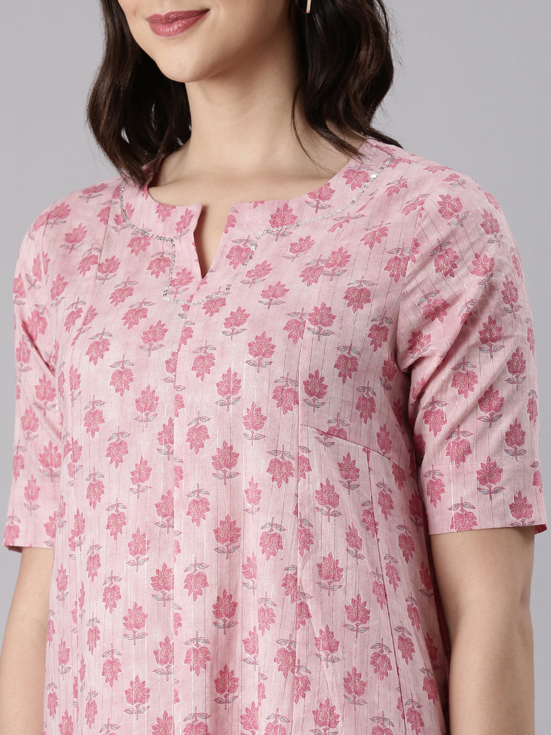 Soft Pink Cotton Lurex Printed Kurta set