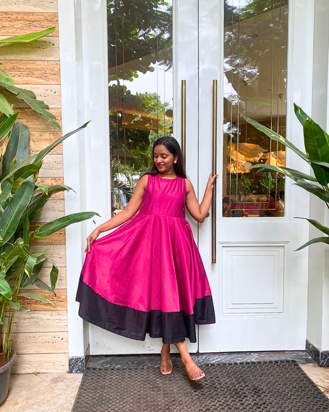 Fuchsia Fit & Flare Dress with Black Hem