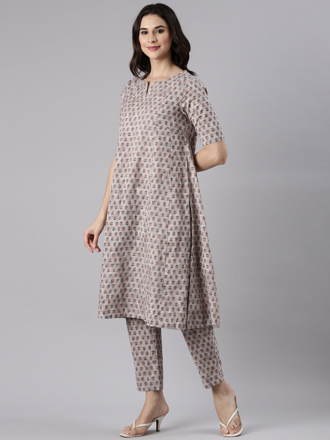 Oatmeal Cotton Printed Kurta set