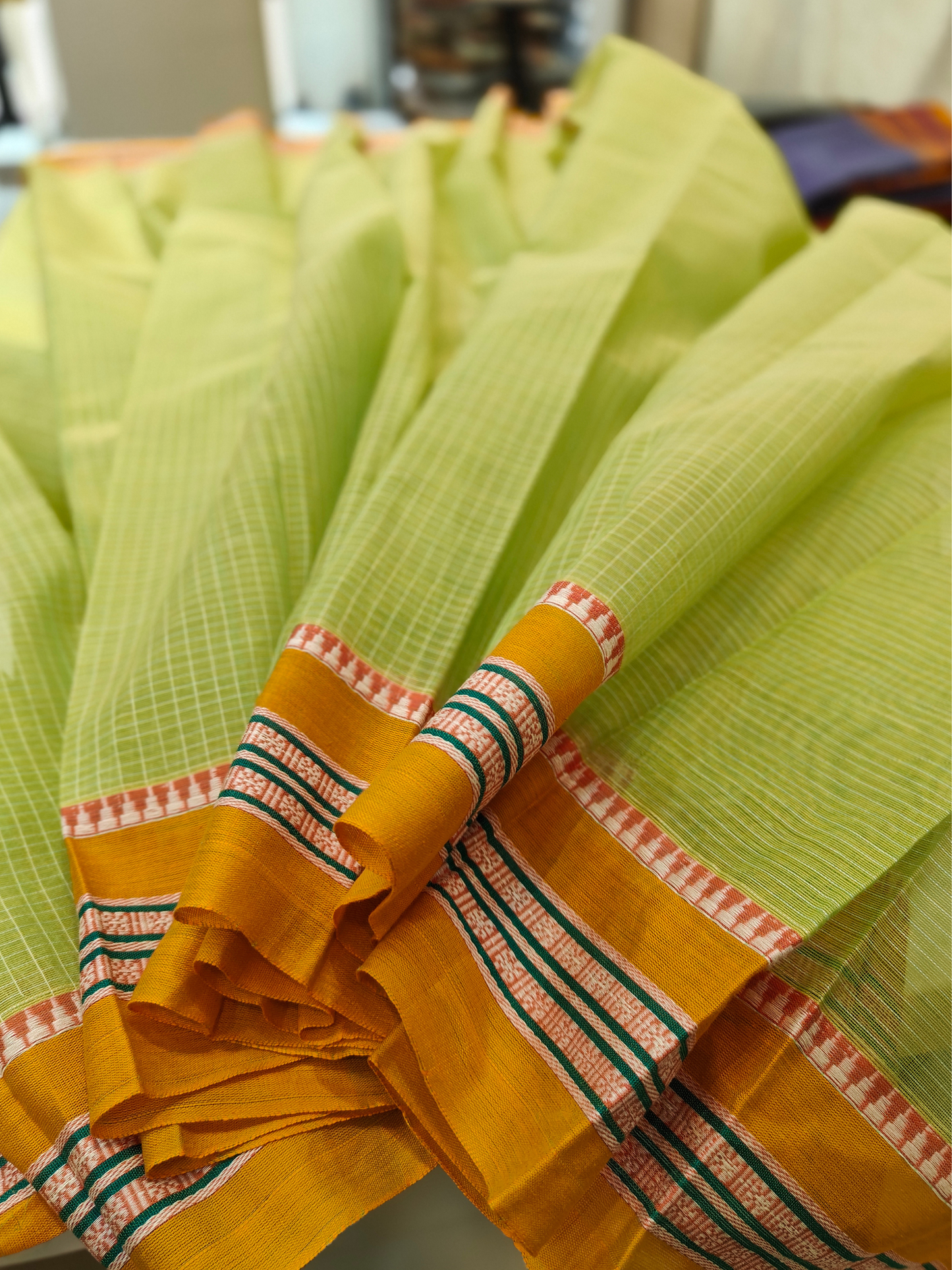 Avni | Handwoven Cotton Saree | Chartreuse Green