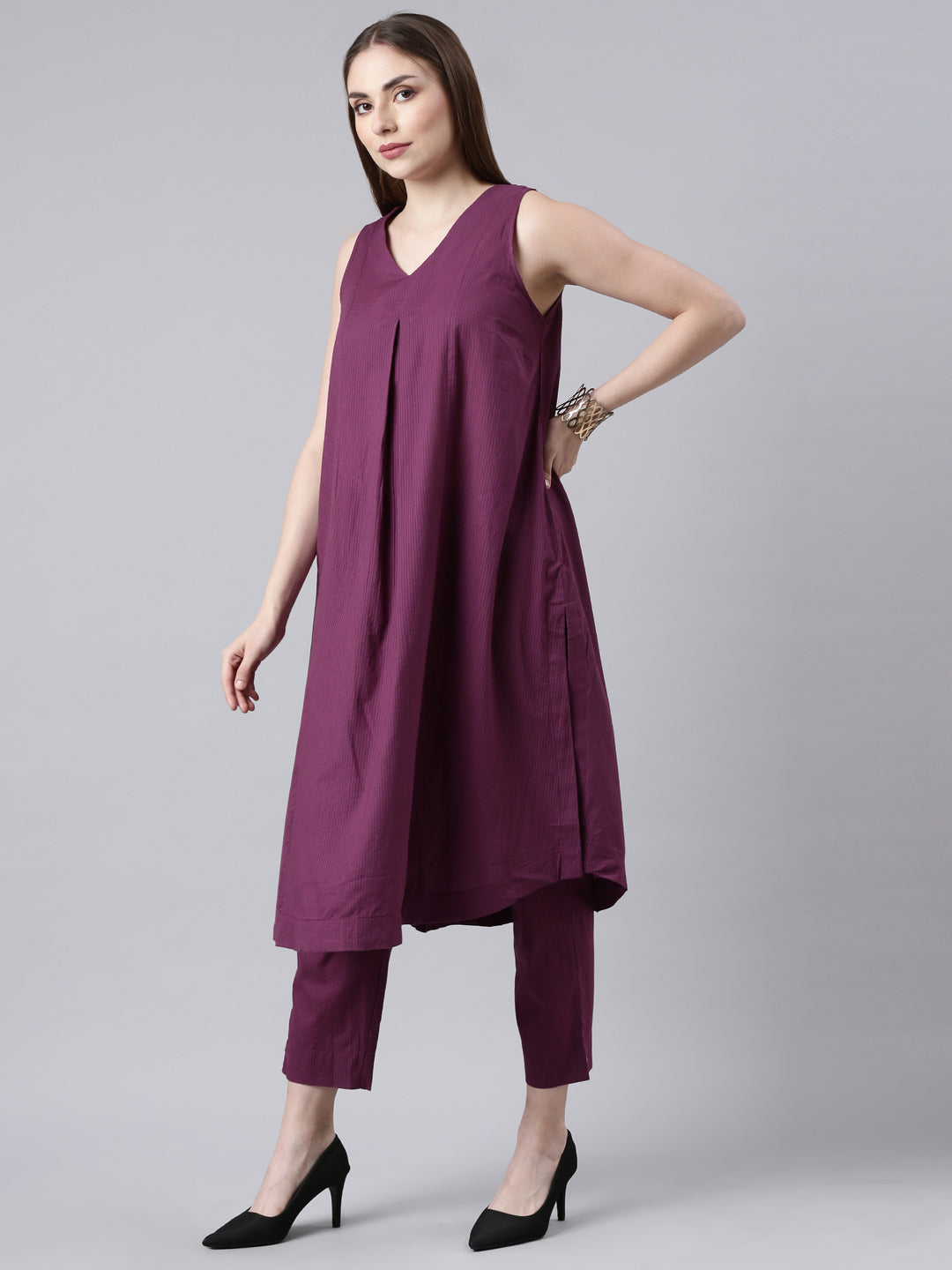Textured Cotton Flared Kurta Pant Set
