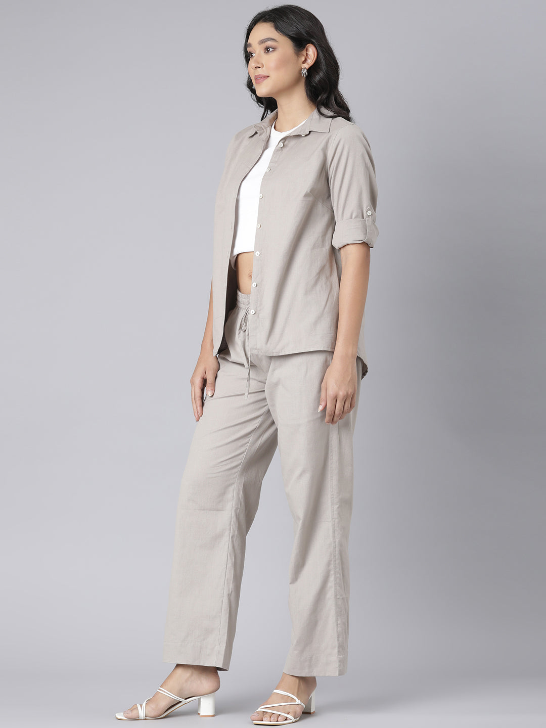 EDIRA Cotton Oatmeal Colour Trousers