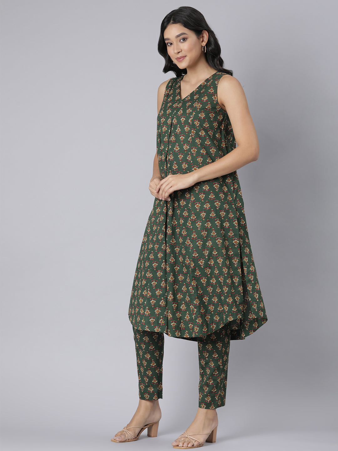 Green Printed Cotton Flared Kurta & Pant Set
