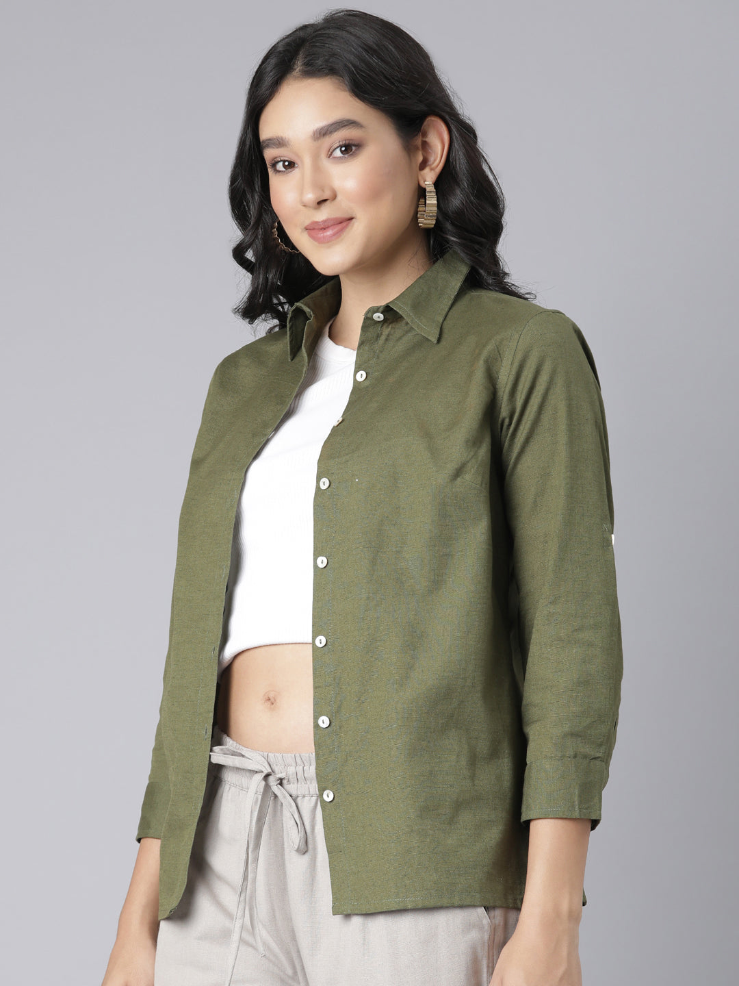 EDIRA Olive Colour Cotton Shirt