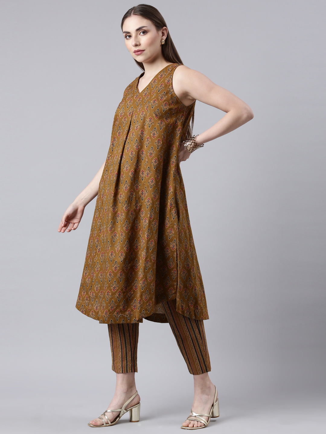 Mustard color Printed Cotton Flared Kurta & Pant Set