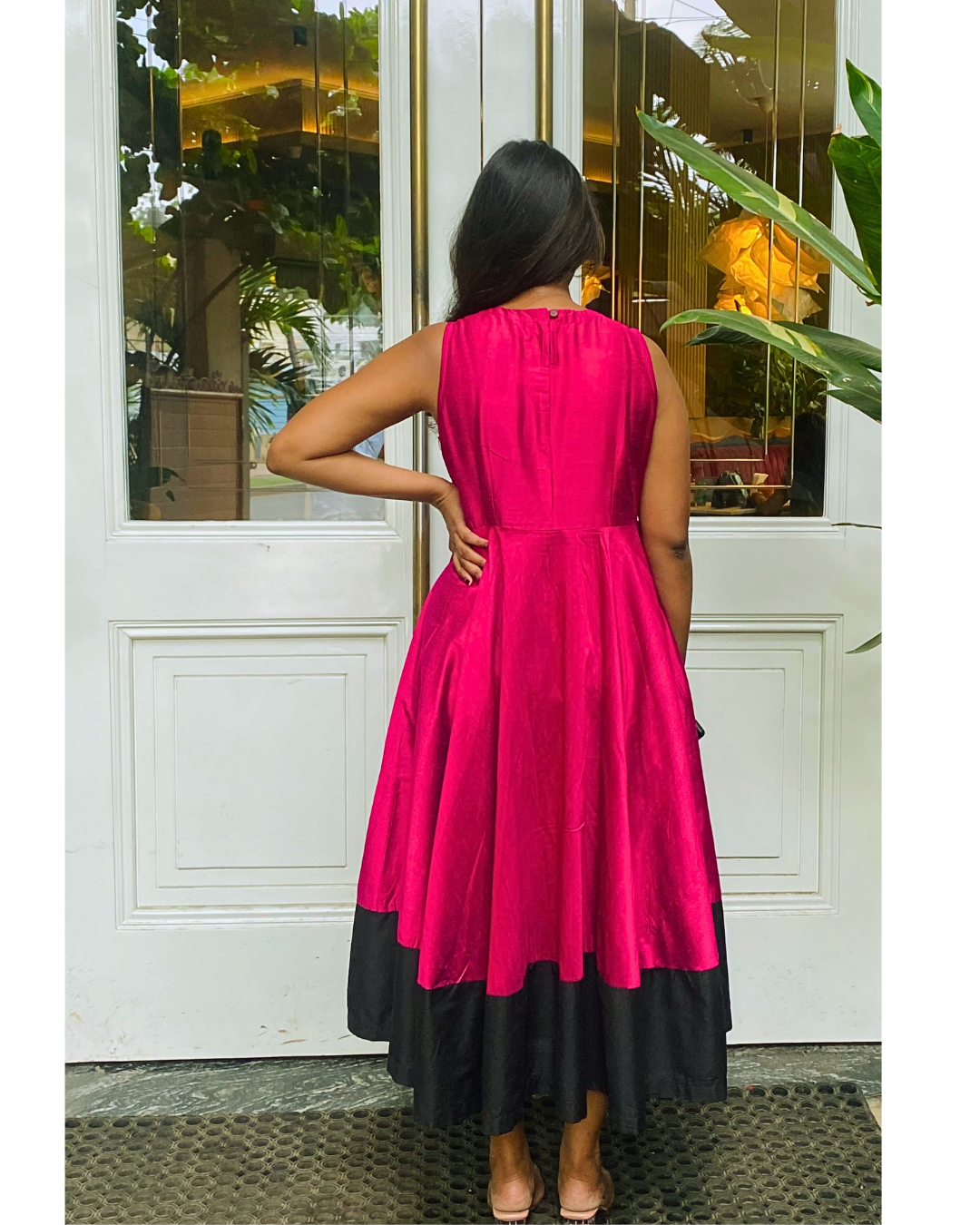 Fuchsia Fit & Flare Dress with Black Hem