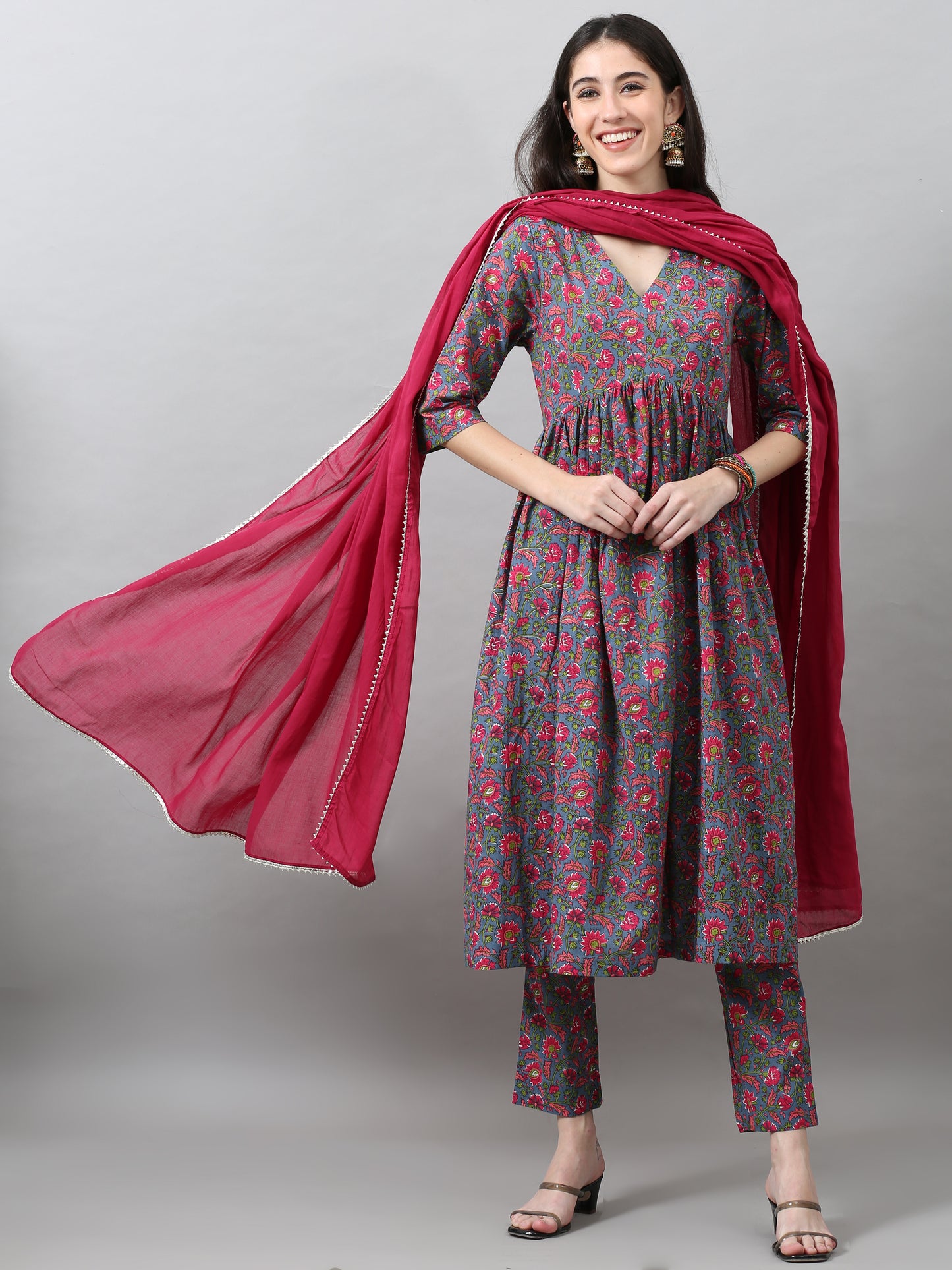 Fuchsia Flared Kurta Pant Set with Dupatta