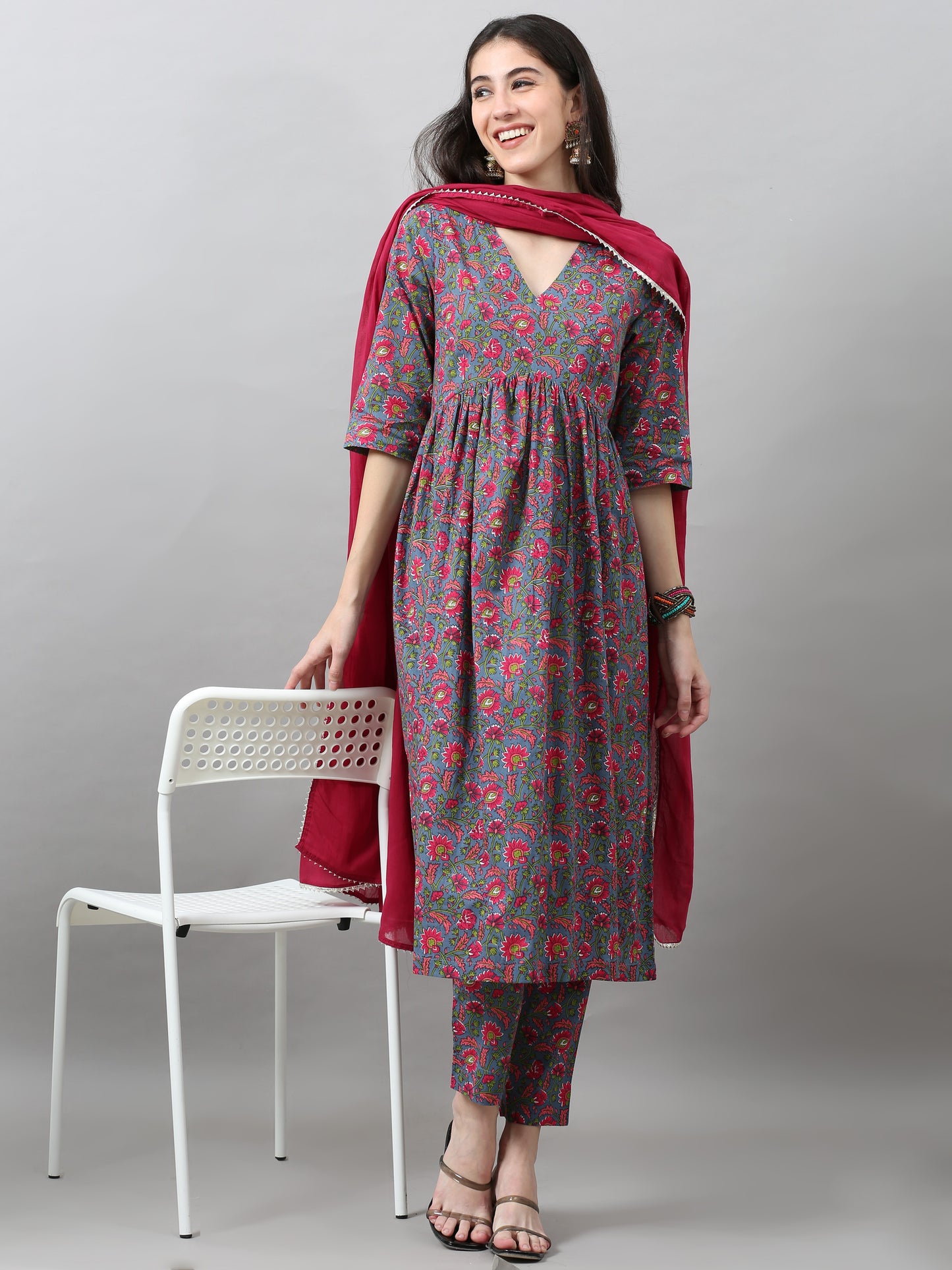Fuchsia Flared Kurta Pant Set with Dupatta