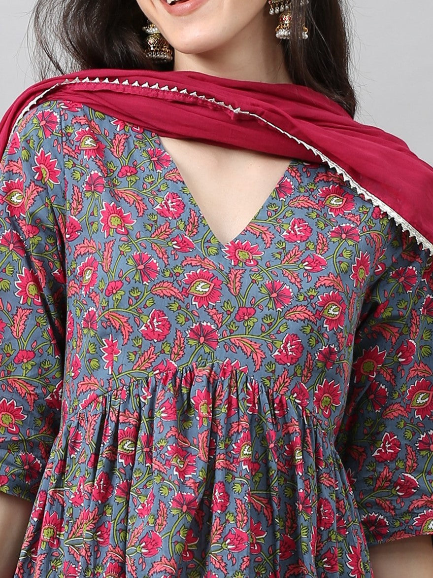 Fuchsia Flared Kurta Pant Set with Dupatta