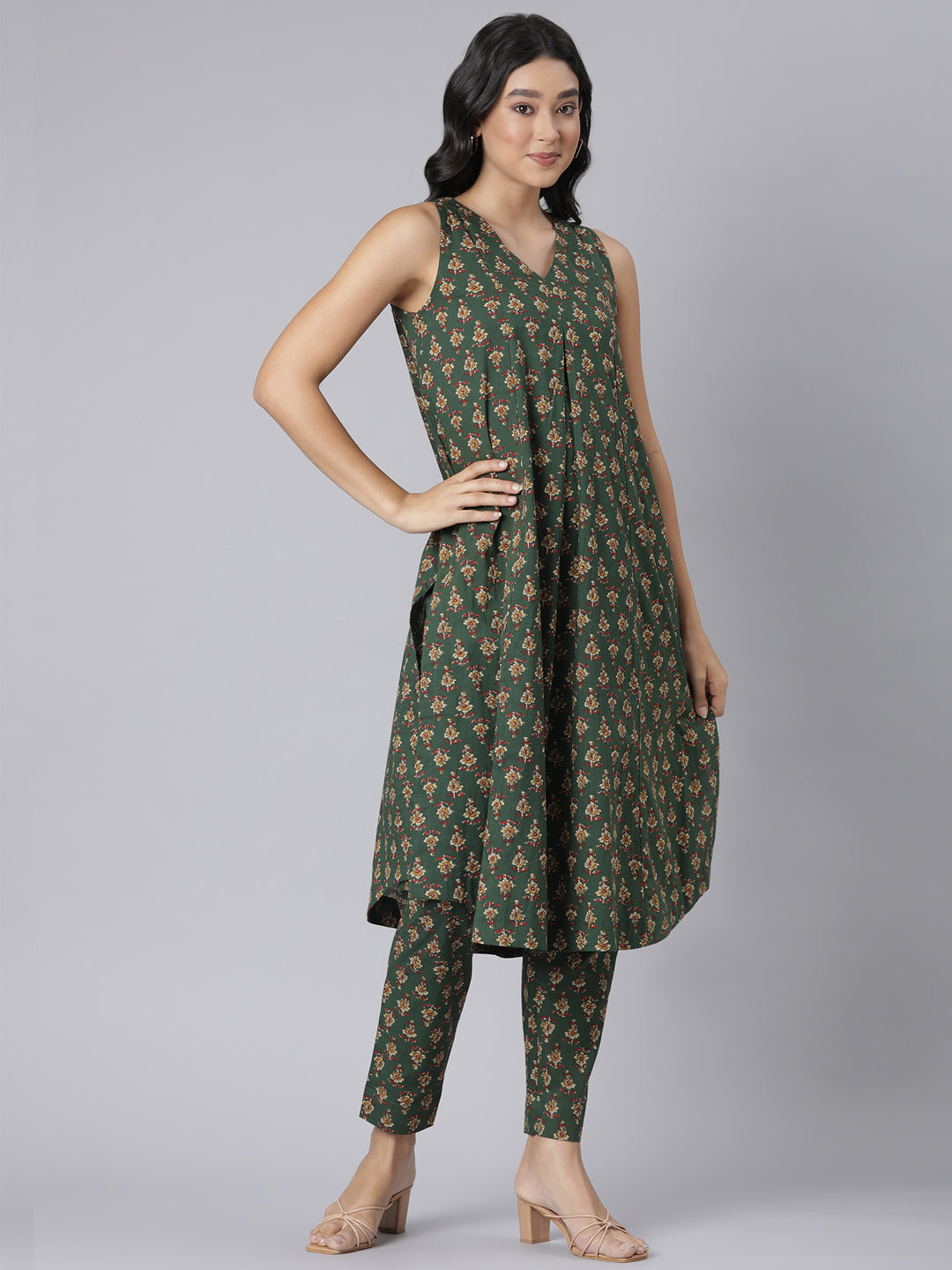 Green Printed Cotton Flared Kurta & Pant Set