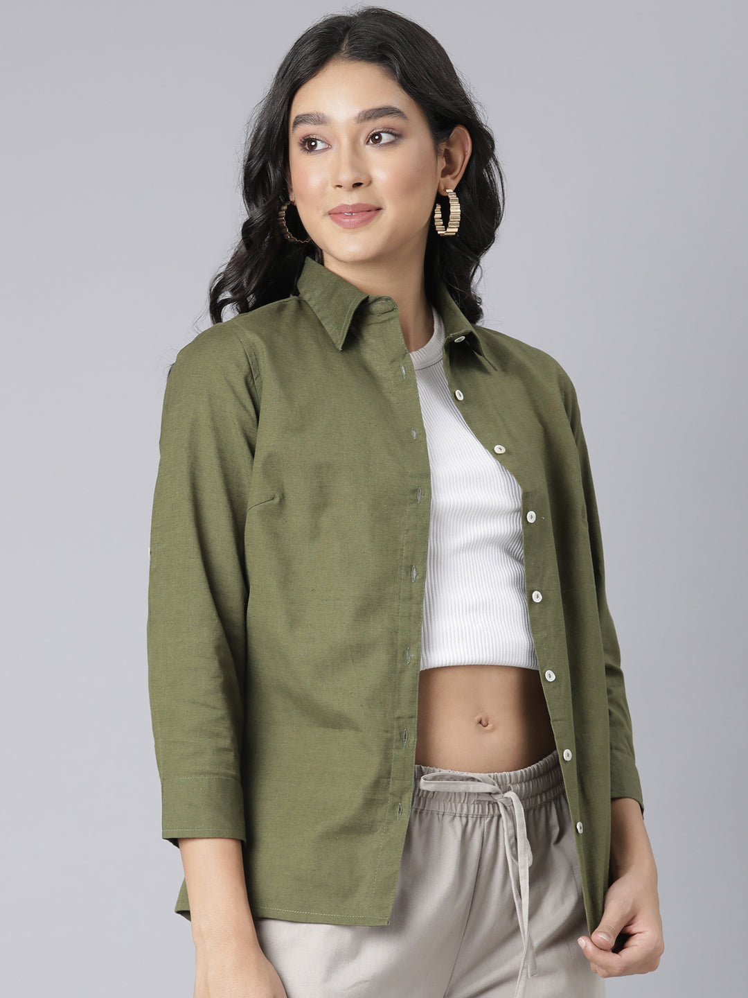 EDIRA Olive Colour Cotton Shirt