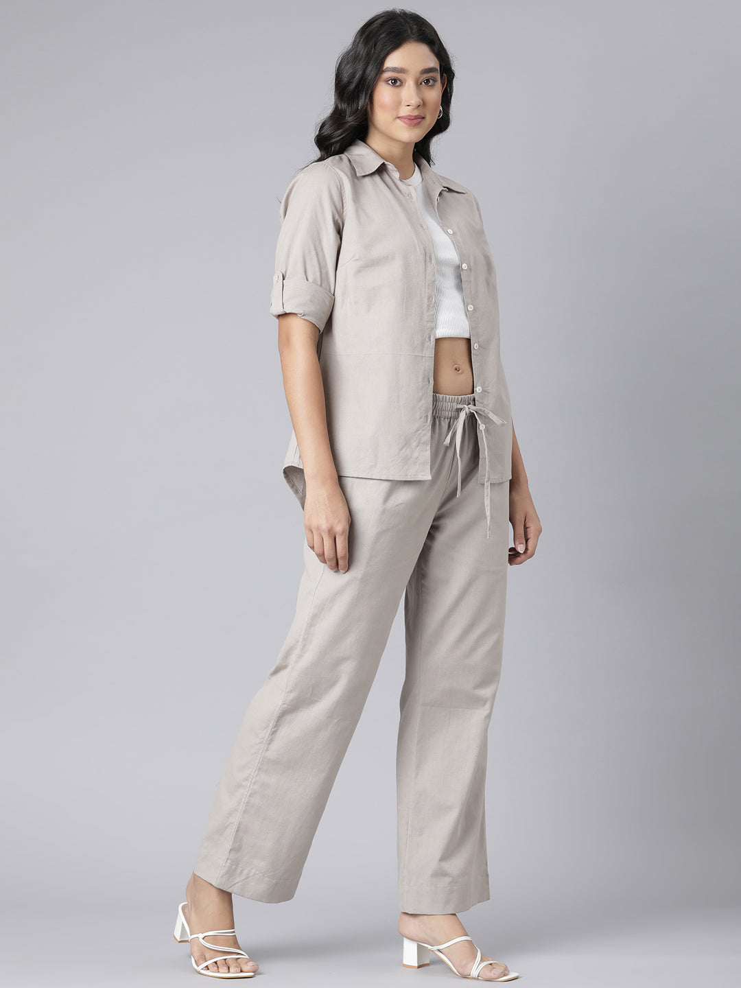 EDIRA Cotton Oatmeal Colour Trousers