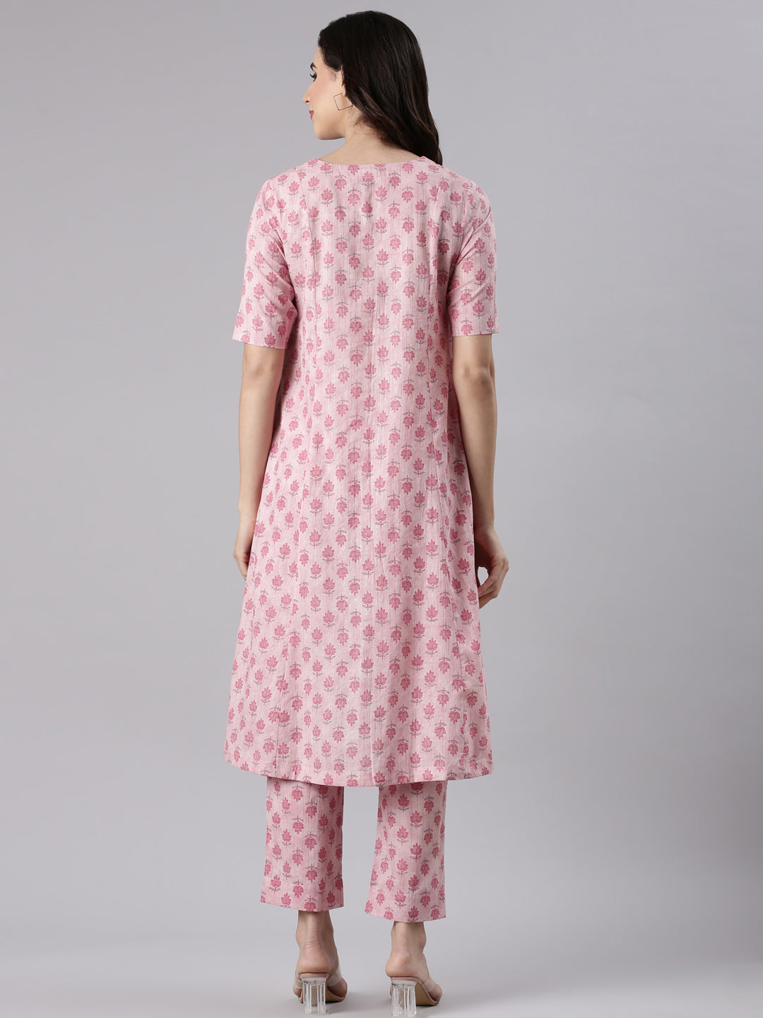 Soft Pink Cotton Lurex Printed Kurta set