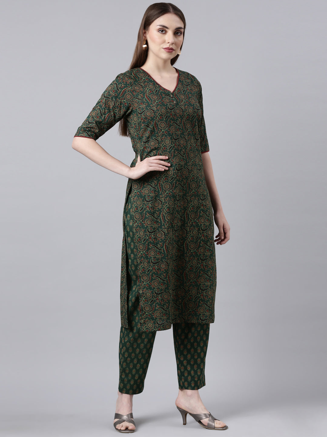 EDIRA Women Green Printed Kurta and Pant Set