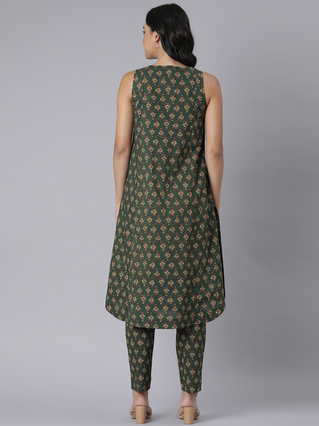 Green Printed Cotton Flared Kurta & Pant Set