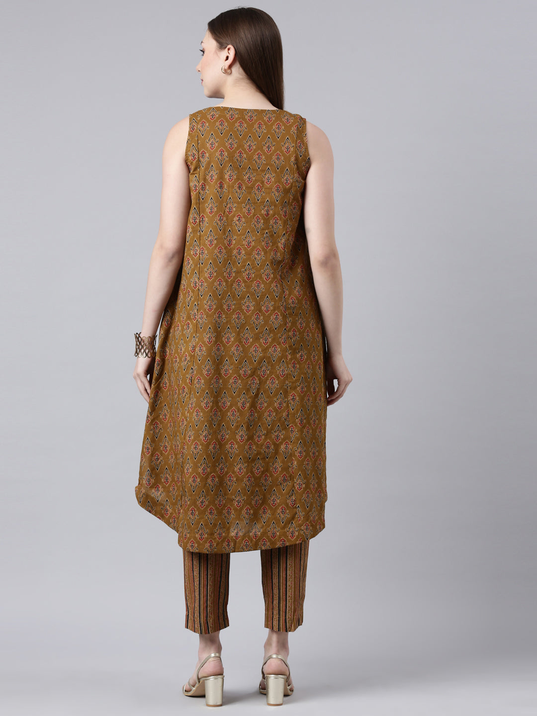 Mustard color Printed Cotton Flared Kurta & Pant Set