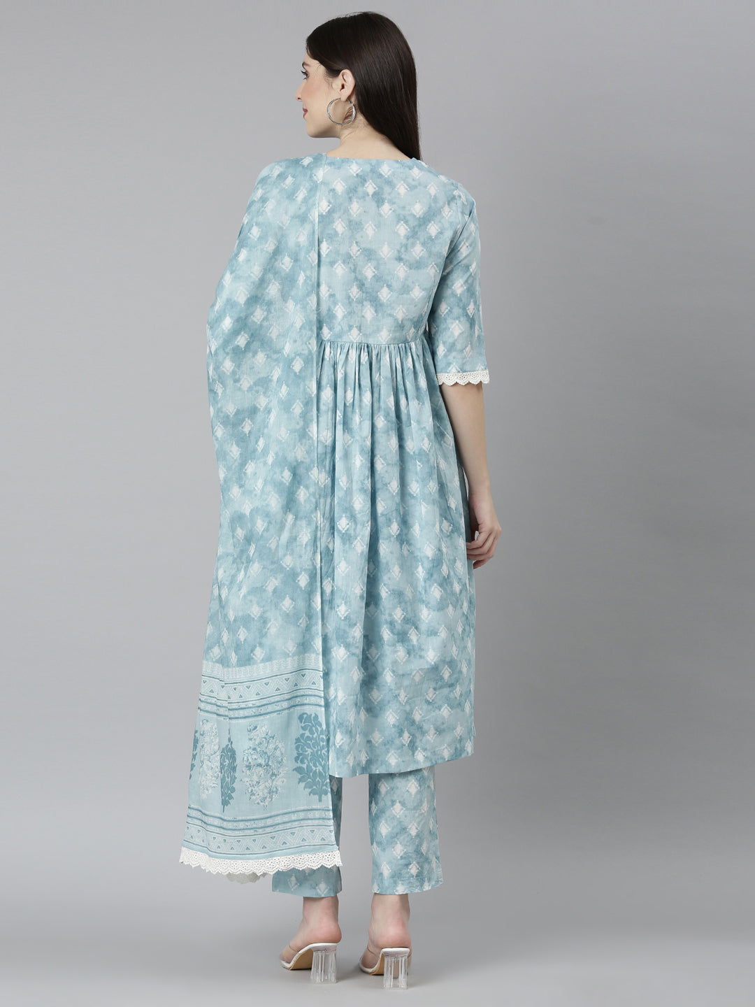 Powder Blue printed Flared Kurta Pant Set with Dupatta
