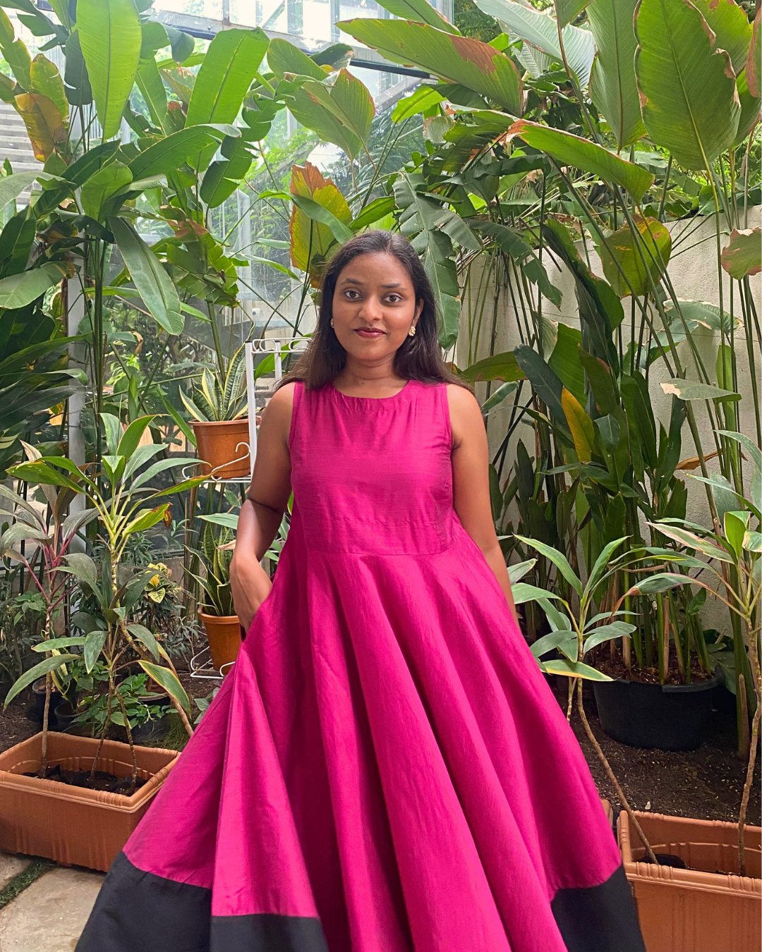 Fuchsia Fit & Flare Dress with Black Hem
