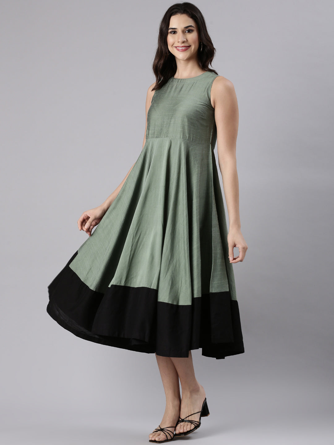 Sage Green Fit & Flare Dress with Black Hem