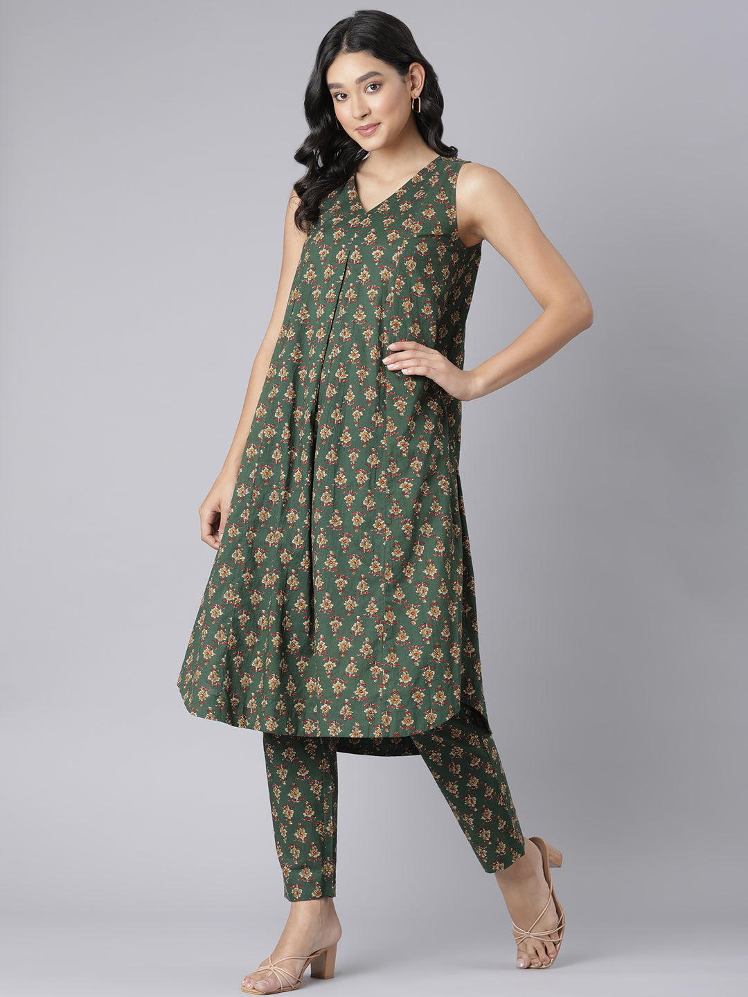 Green Printed Cotton Flared Kurta & Pant Set