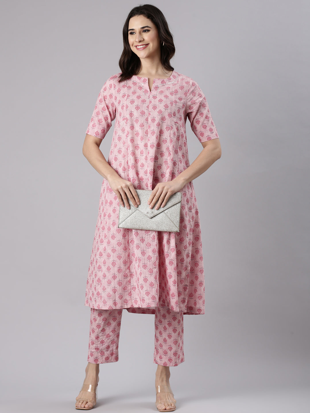 Soft Pink Cotton Lurex Printed Kurta set