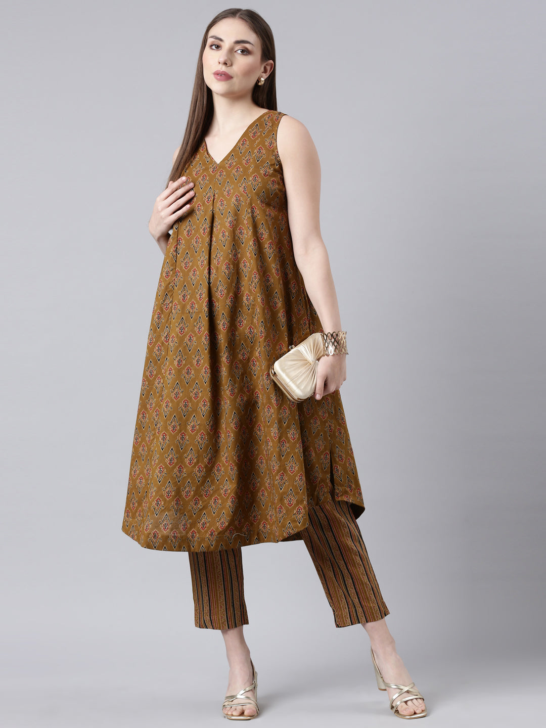 Mustard color Printed Cotton Flared Kurta & Pant Set