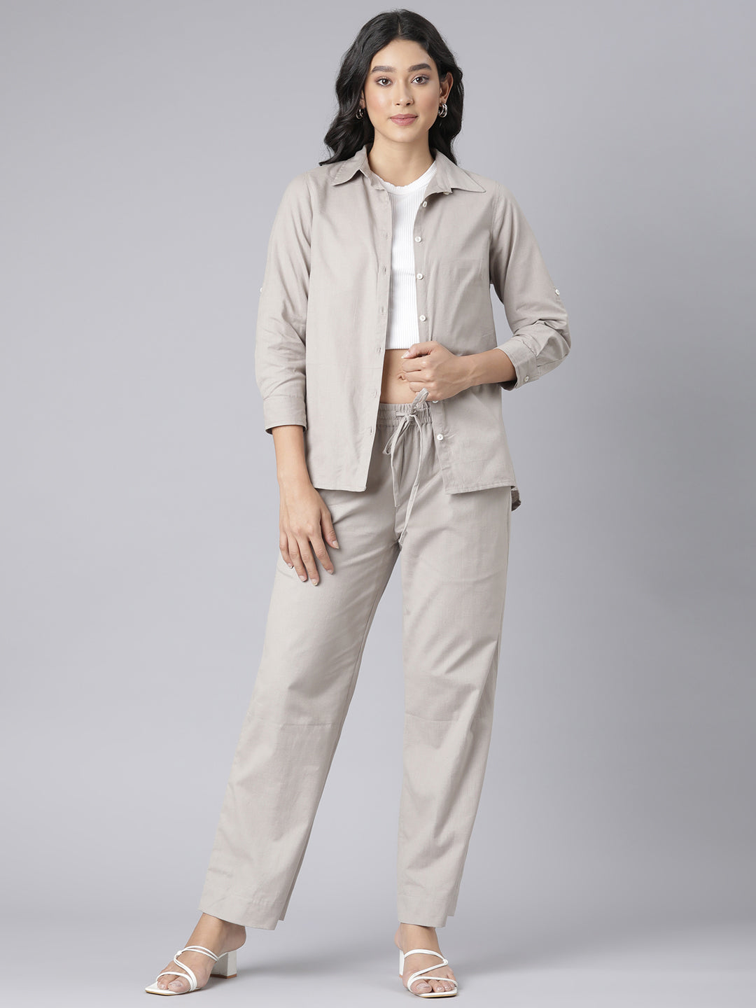 EDIRA Cotton Oatmeal Colour Trousers
