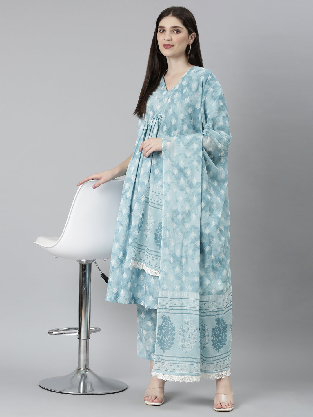 Powder Blue printed Flared Kurta Pant Set with Dupatta