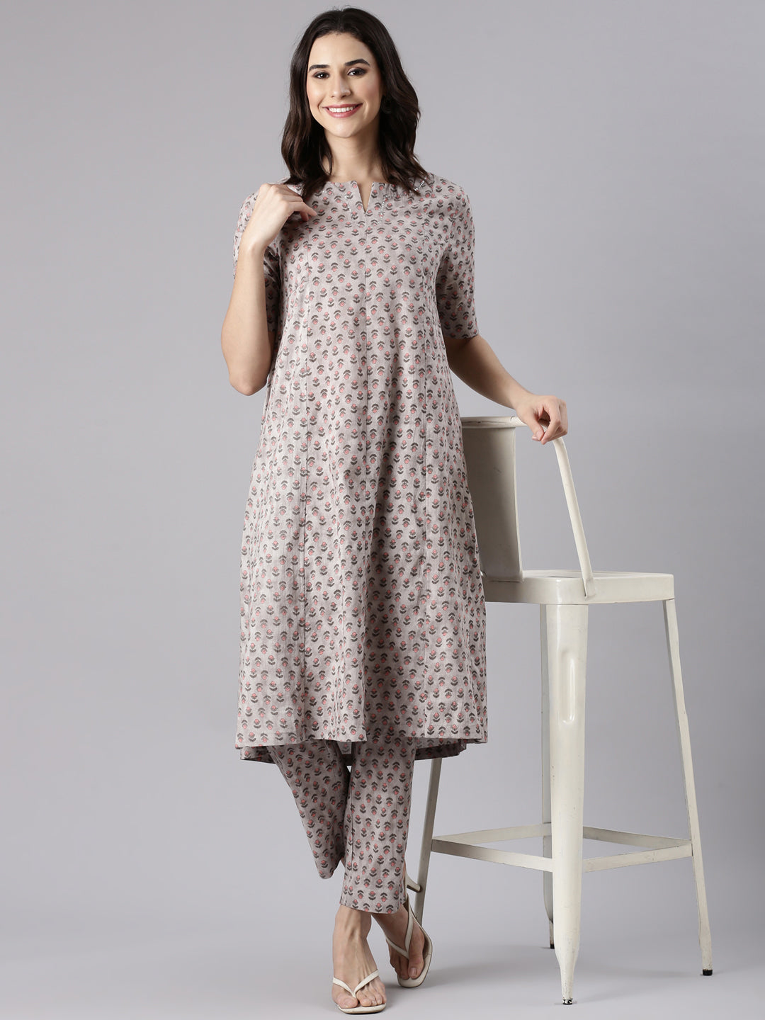 Oatmeal Cotton Printed Kurta set