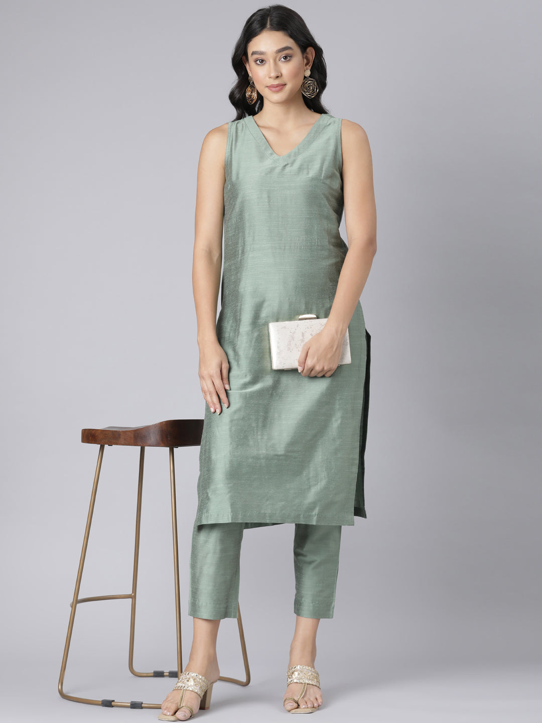 EDIRA Green glimmer Rayon Silk Textured Co-Ord set