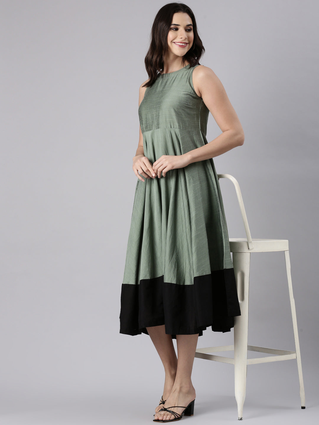 Sage Green Fit & Flare Dress with Black Hem