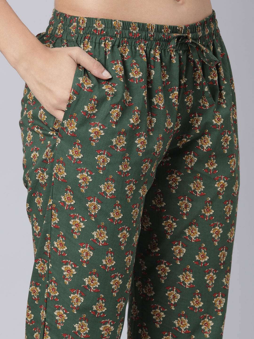 Green Printed Cotton Flared Kurta & Pant Set